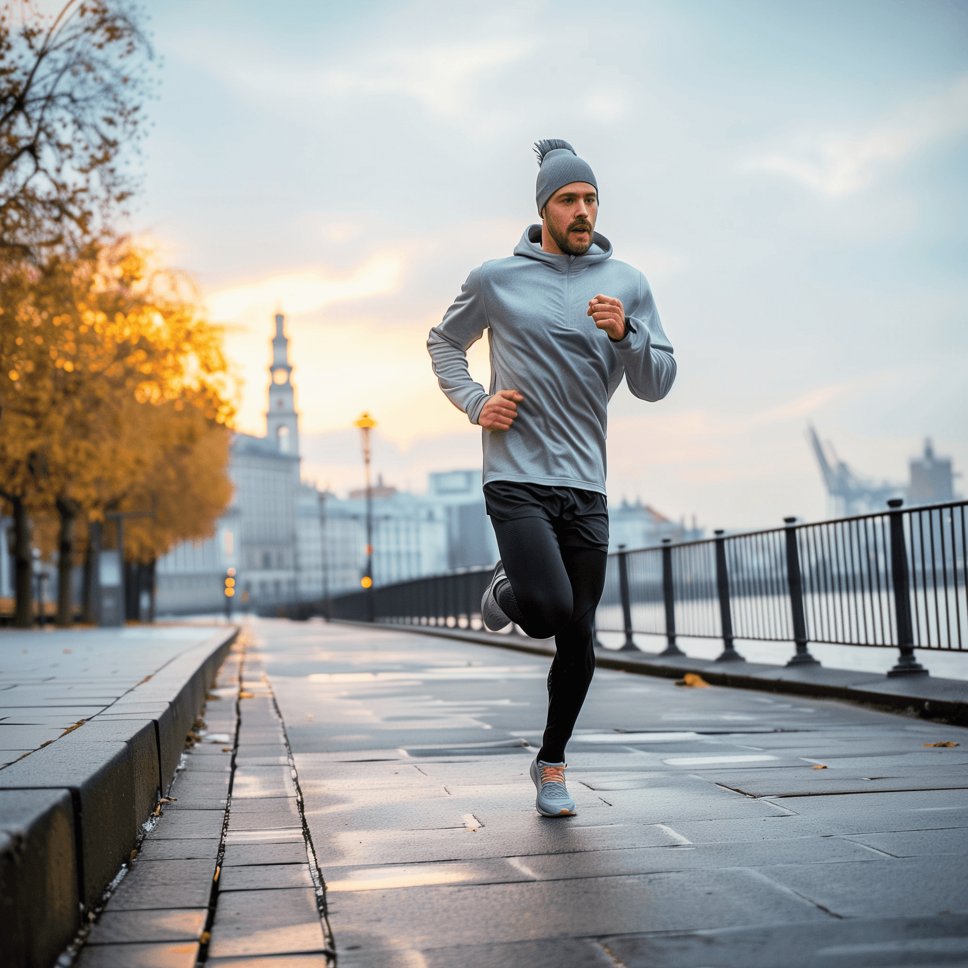 Runner jogging along a riverside path at sunset